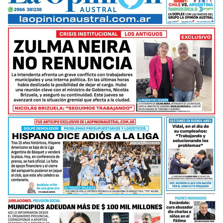 Tapa del Diario La Opinión Austral edición impresa del jueves 5 de junio de 2025, Río Gallegos, Santa Cruz, Argentina