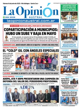 Tapa del Diario La Opinión Austral edición impresa del viernes 5 de junio de 2025, Río Gallegos, Santa Cruz, Argentina