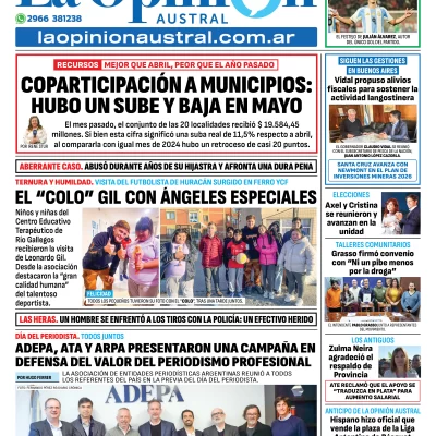 Tapa del Diario La Opinión Austral edición impresa del viernes 5 de junio de 2025, Río Gallegos, Santa Cruz, Argentina