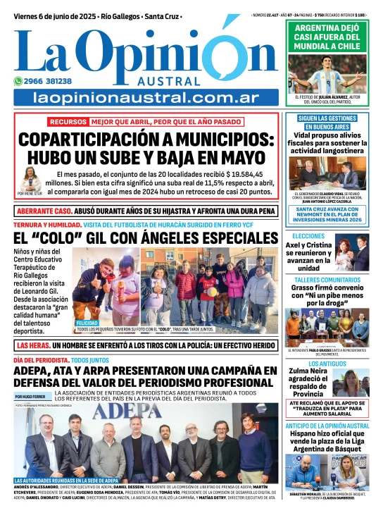 Tapa del Diario La Opinión Austral edición impresa del viernes 5 de junio de 2025, Río Gallegos, Santa Cruz, Argentina