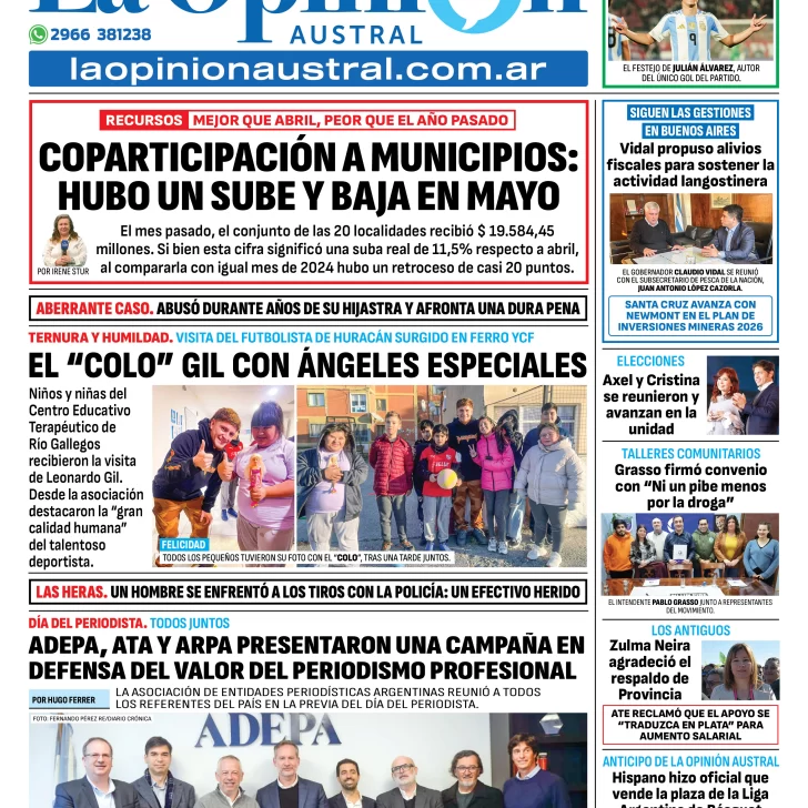 Tapa del Diario La Opinión Austral edición impresa del viernes 5 de junio de 2025, Río Gallegos, Santa Cruz, Argentina