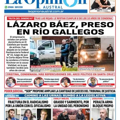 Tapa del Diario La Opinión Austral edición impresa del jueves 12 de junio de 2025, Río Gallegos, Santa Cruz, Argentina