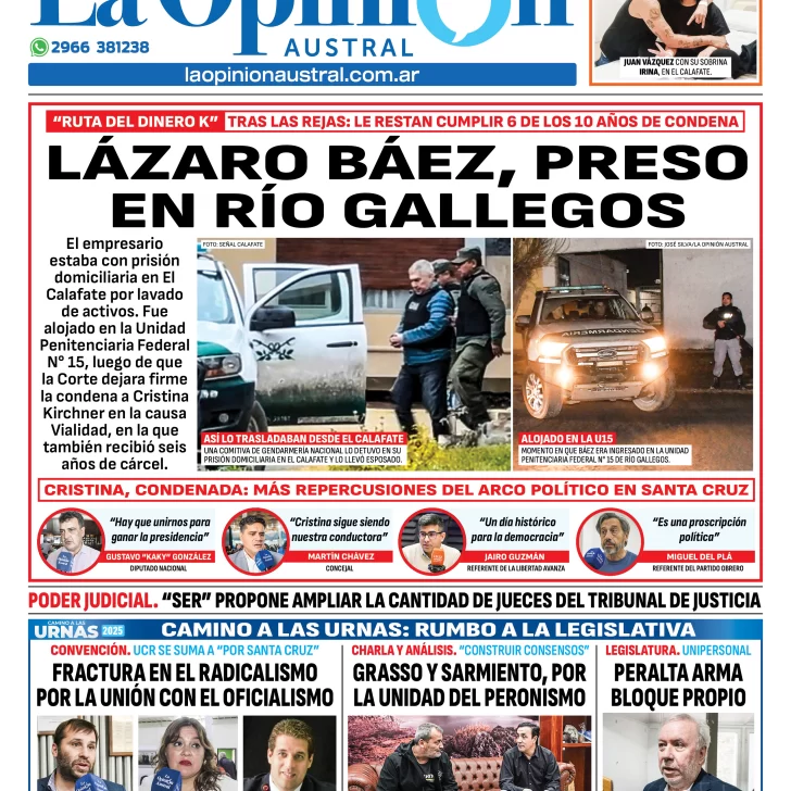 Tapa del Diario La Opinión Austral edición impresa del jueves 12 de junio de 2025, Río Gallegos, Santa Cruz, Argentina