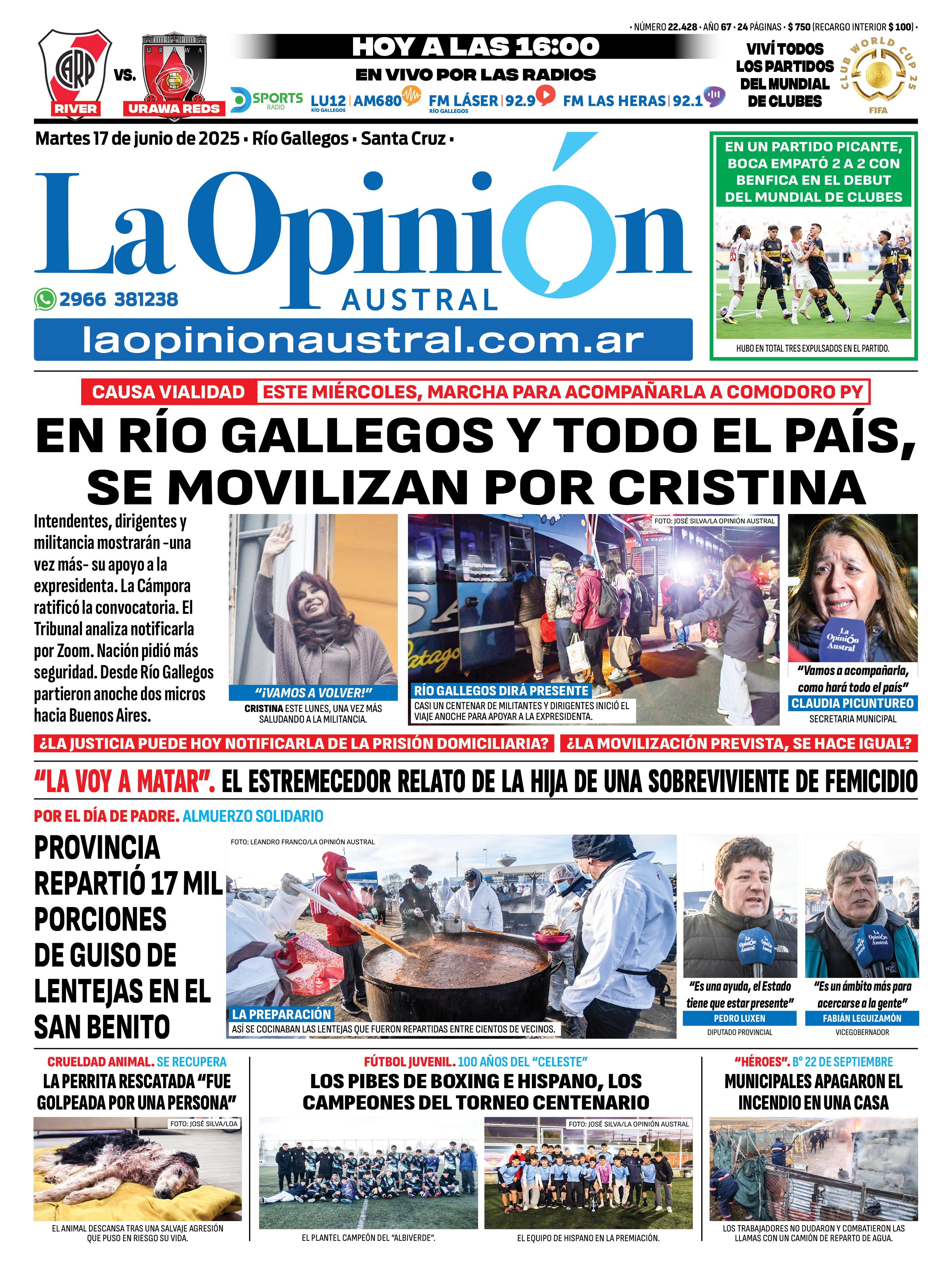  La tapa de este martes 17 de junio de La Opinión Austral.