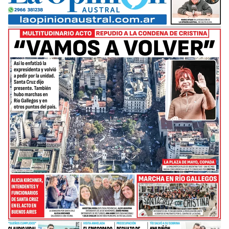 Tapa del Diario La Opinión Austral edición impresa del jueves 19 de junio de 2025, Río Gallegos, Santa Cruz, Argentina