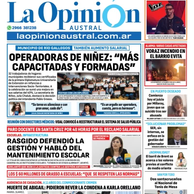 Tapa del Diario La Opinión Austral edición impresa del miércoles 25 de junio de 2025, Río Gallegos, Santa Cruz, Argentina