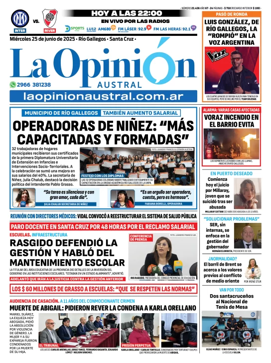 Tapa del Diario La Opinión Austral edición impresa del miércoles 25 de junio de 2025, Río Gallegos, Santa Cruz, Argentina