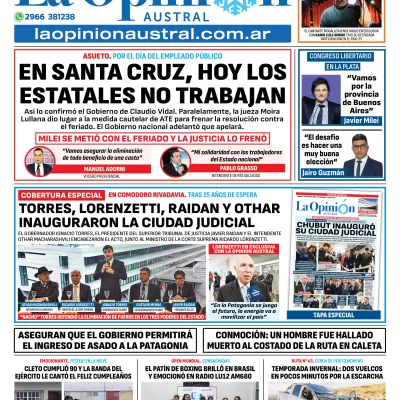 Tapa del Diario La Opinión Austral edición impresa del viernes 27 de junio de 2025, Río Gallegos, Santa Cruz, Argentina