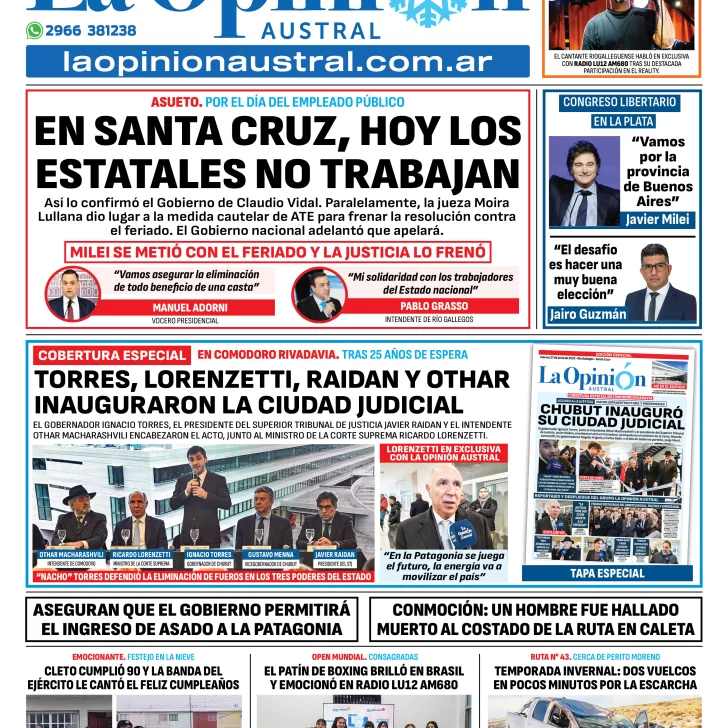 Tapa del Diario La Opinión Austral edición impresa del viernes 27 de junio de 2025, Río Gallegos, Santa Cruz, Argentina