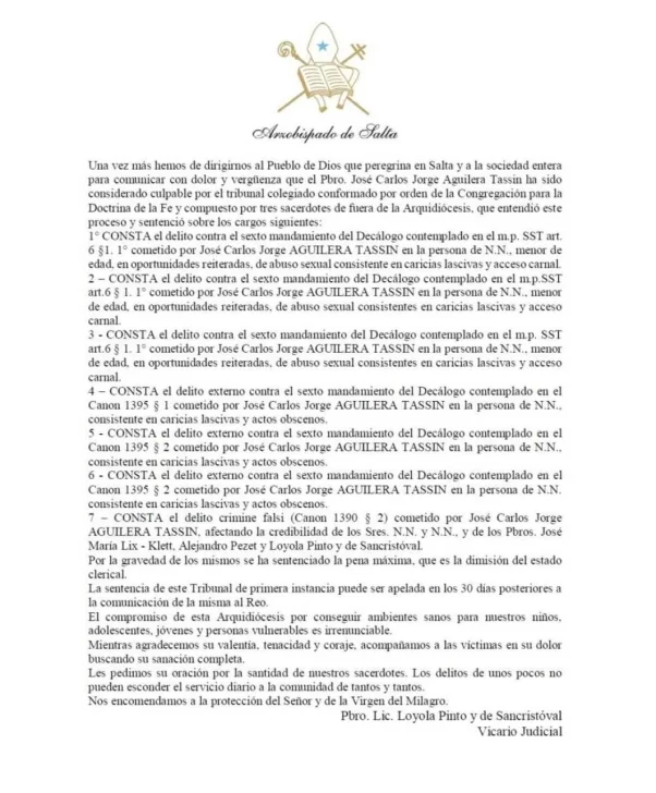Cura Aguilera Tassin, denunciado por abuso sexual, no puede estar en ambientes cerrados con menores de edad