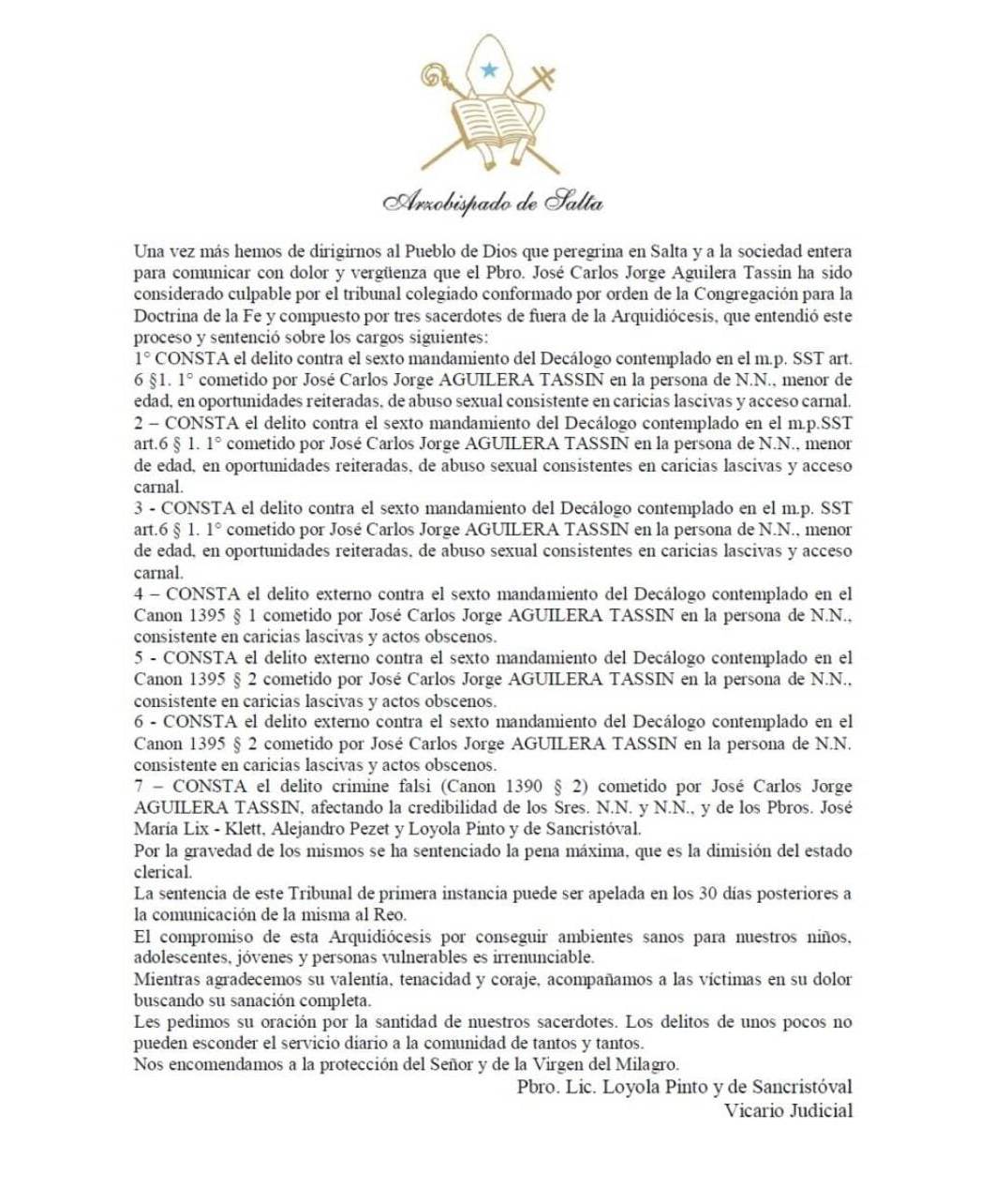 Cura Aguilera Tassin, denunciado por abuso sexual, no puede estar en ambientes cerrados con menores de edad