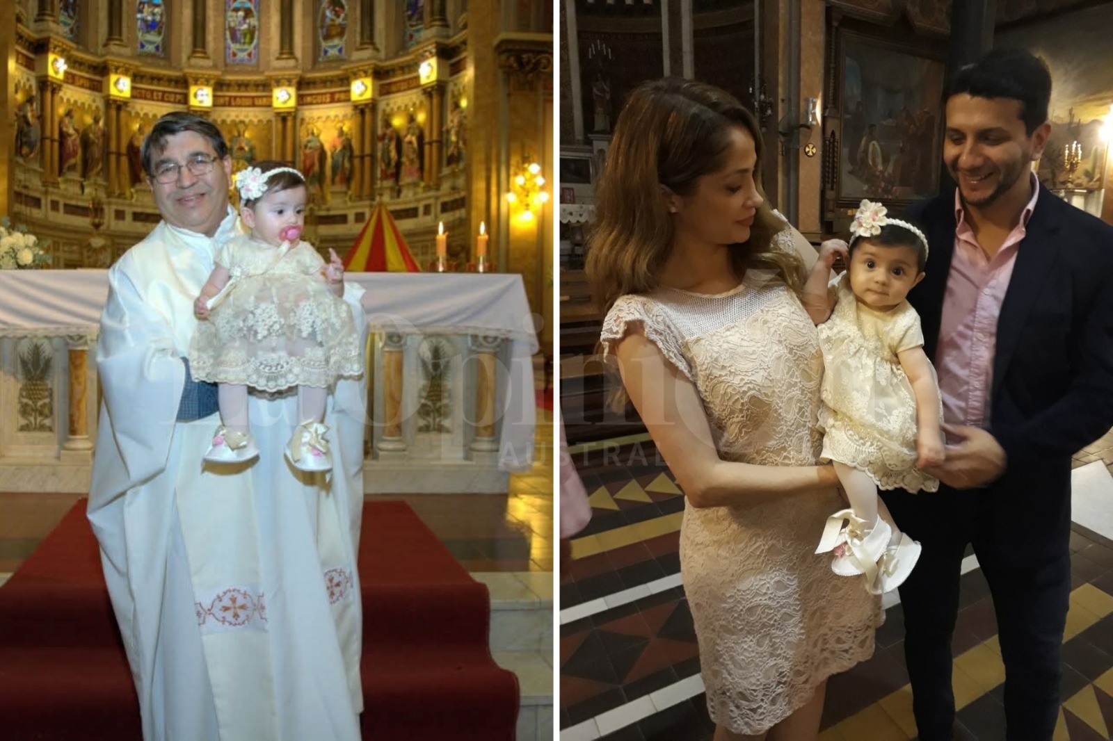  El padre Sergio Soto y Malú, su sobrina nieta, en el día de su bautismo. A la derecha, Vanesa Carbone, Malú y 