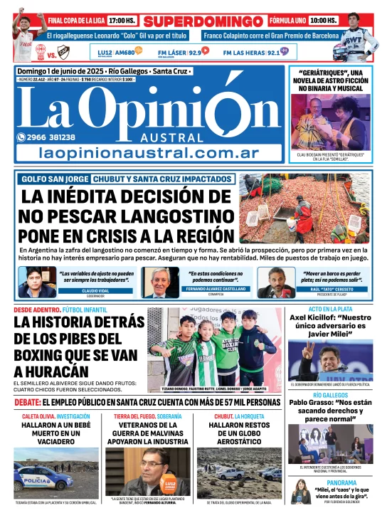 Tapa del Diario La Opinión Austral edición impresa del domingo 1 de junio de 2025, Río Gallegos, Santa Cruz, Argentina