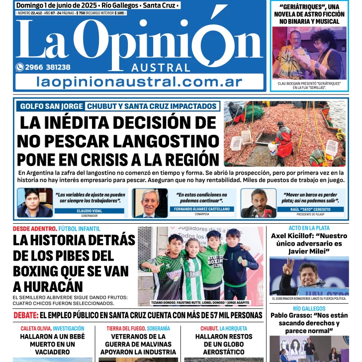 Tapa del Diario La Opinión Austral edición impresa del domingo 1 de junio de 2025, Río Gallegos, Santa Cruz, Argentina