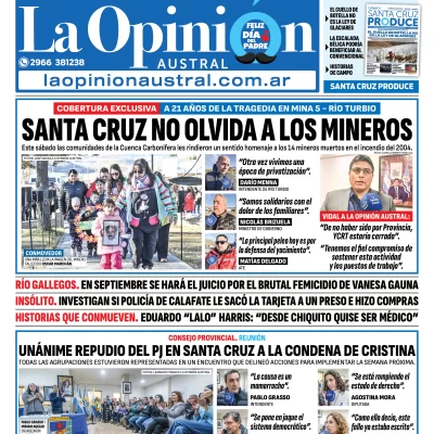 Tapa del Diario La Opinión Austral edición impresa del domingo 15 de junio de 2025, Río Gallegos, Santa Cruz, Argentina