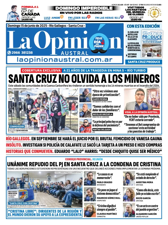 Tapa del Diario La Opinión Austral edición impresa del domingo 15 de junio de 2025, Río Gallegos, Santa Cruz, Argentina