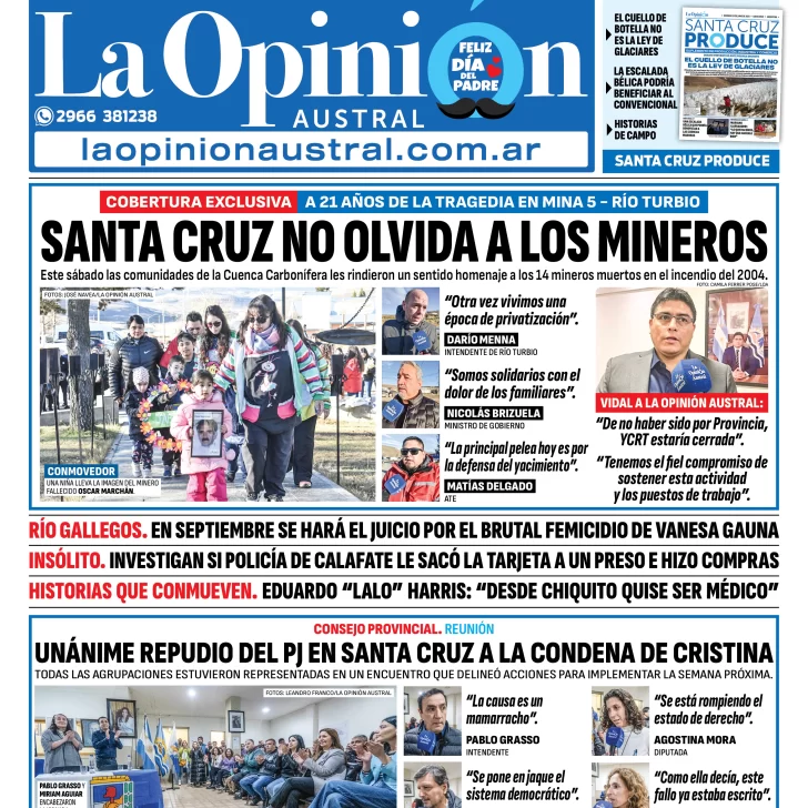 Tapa del Diario La Opinión Austral edición impresa del domingo 15 de junio de 2025, Río Gallegos, Santa Cruz, Argentina