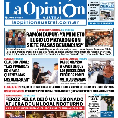 Tapa del Diario La Opinión Austral edición impresa del domingo 29 de junio de 2025, Río Gallegos, Santa Cruz, Argentina