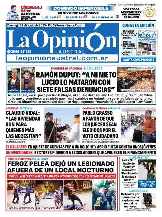 Tapa del Diario La Opinión Austral edición impresa del domingo 29 de junio de 2025, Río Gallegos, Santa Cruz, Argentina