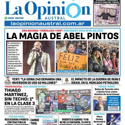 Tapa del Diario La Opinión Austral edición impresa del lunes 16 de junio de 2025, Río Gallegos, Santa Cruz, Argentina