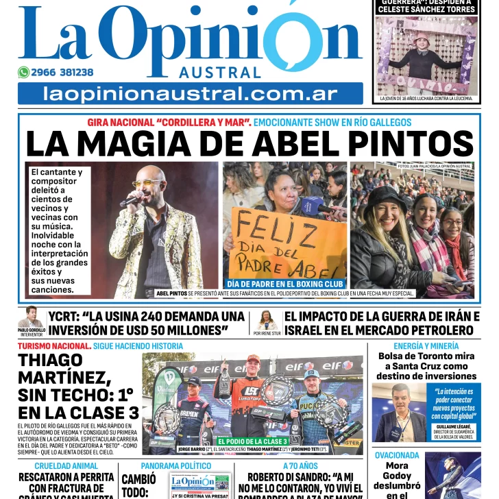 Tapa del Diario La Opinión Austral edición impresa del lunes 16 de junio de 2025, Río Gallegos, Santa Cruz, Argentina Tapa del Diario La Opinión Austral edición impresa del lunes 16 de junio de 2025, Río Gallegos, Santa Cruz, Argentina