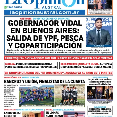 Tapa del Diario La Opinión Austral edición impresa del lunes 2 de junio de 2025, Río Gallegos, Santa Cruz, Argentina