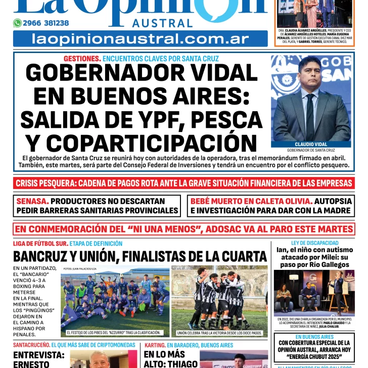 Tapa del Diario La Opinión Austral edición impresa del lunes 2 de junio de 2025, Río Gallegos, Santa Cruz, Argentina