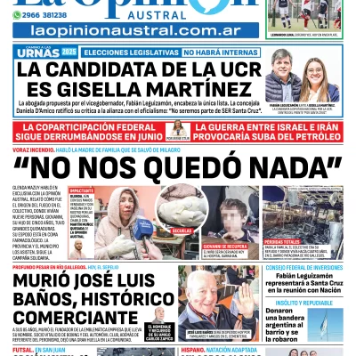 Tapa del Diario La Opinión Austral edición impresa del lunes 23 de junio de 2025, Río Gallegos, Santa Cruz, Argentina