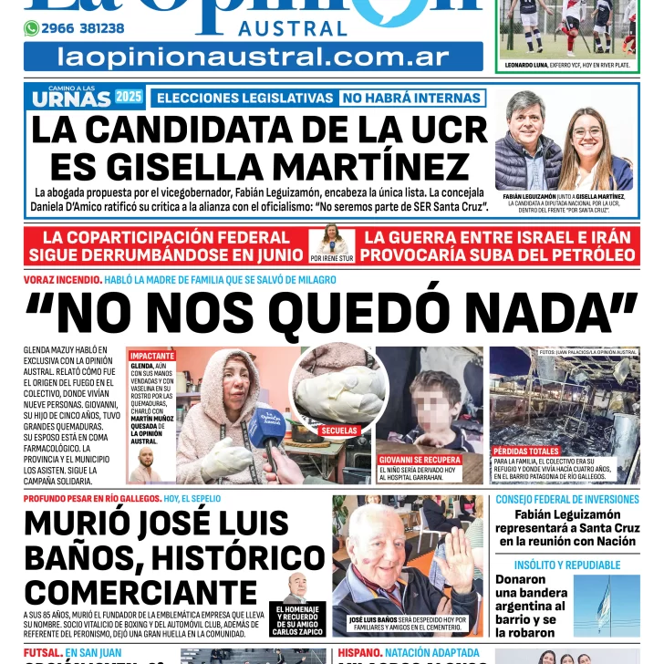 Tapa del Diario La Opinión Austral edición impresa del lunes 23 de junio de 2025, Río Gallegos, Santa Cruz, Argentina