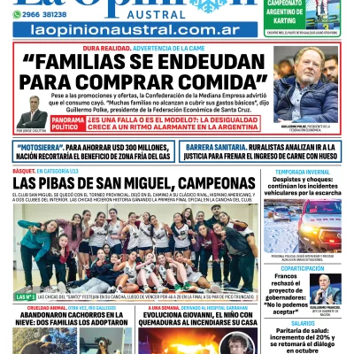 Tapa del Diario La Opinión Austral edición impresa del lunes 30 de junio de 2025, Río Gallegos, Santa Cruz, Argentina