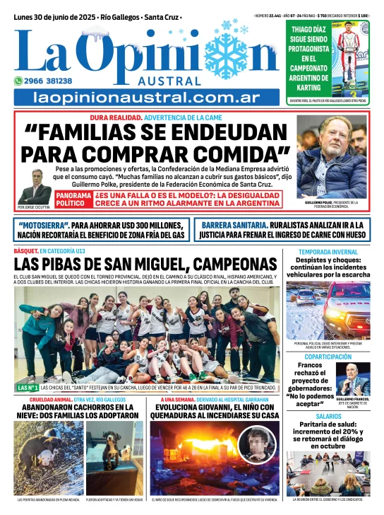 Tapa del Diario La Opinión Austral edición impresa del lunes 30 de junio de 2025, Río Gallegos, Santa Cruz, Argentina