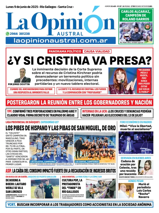 Tapa del Diario La Opinión Austral edición impresa del lunes 9 de junio de 2025, Río Gallegos, Santa Cruz, Argentina