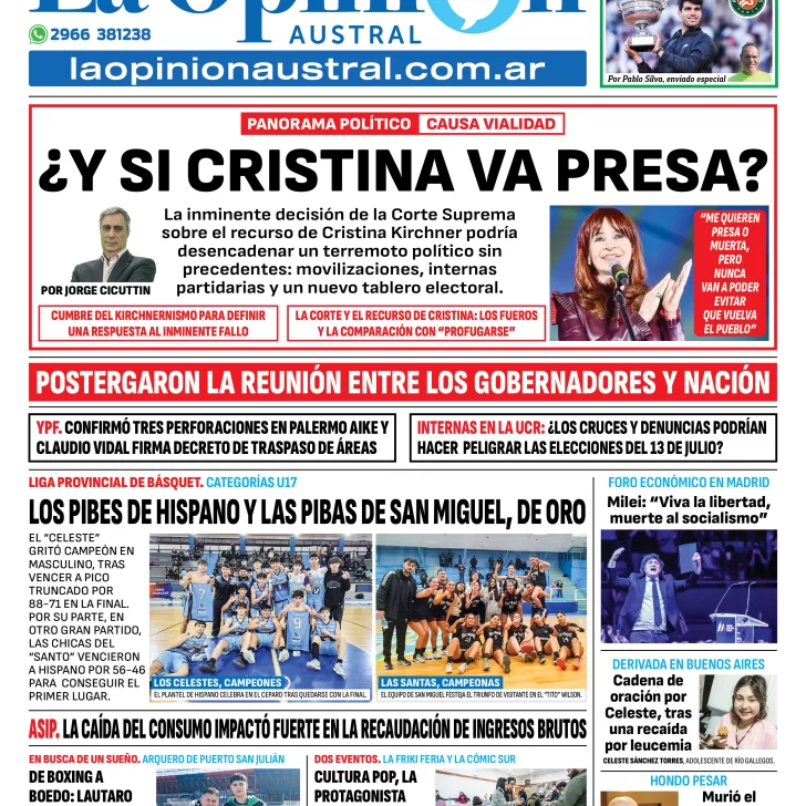 Tapa del Diario La Opinión Austral edición impresa del lunes 9 de junio de 2025, Río Gallegos, Santa Cruz, Argentina