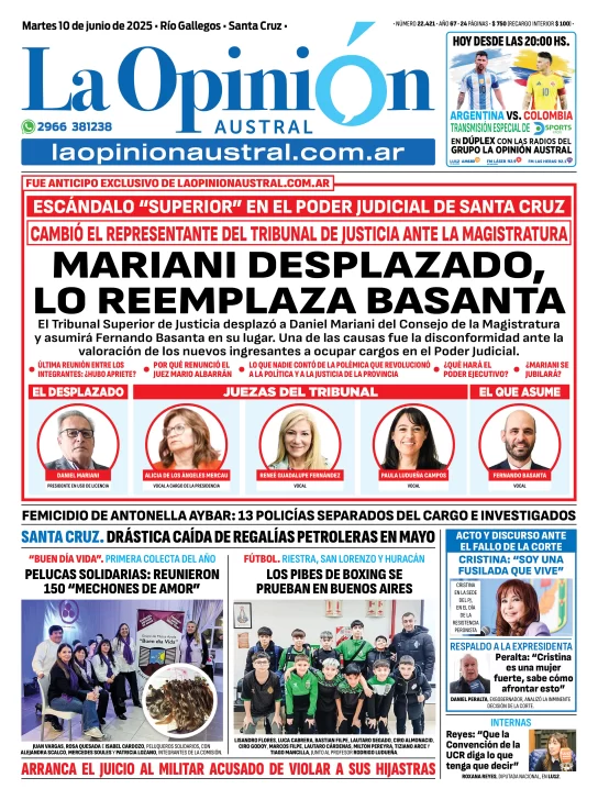 Tapa del Diario La Opinión Austral edición impresa del martes 10 de junio de 2025, Río Gallegos, Santa Cruz, Argentina