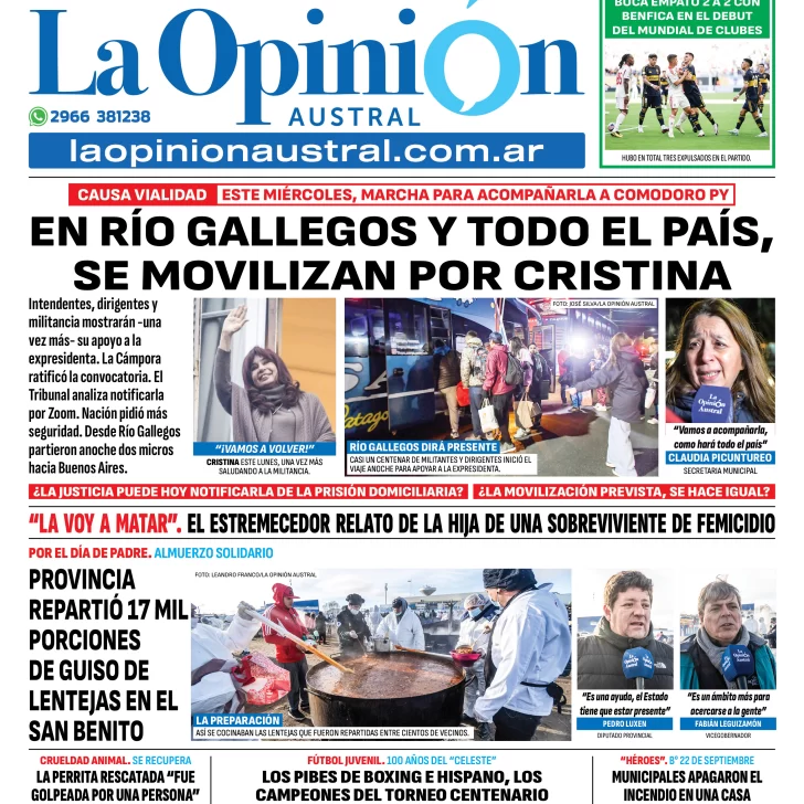 Tapa del Diario La Opinión Austral edición impresa del martes 17 de junio de 2025, Río Gallegos, Santa Cruz, Argentina