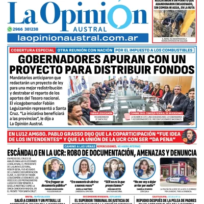 Tapa del Diario La Opinión Austral edición impresa del martes 24 de junio de 2025, Río Gallegos, Santa Cruz, Argentina