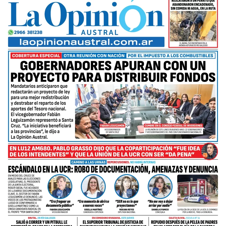 Tapa del Diario La Opinión Austral edición impresa del martes 24 de junio de 2025, Río Gallegos, Santa Cruz, Argentina Tapa del Diario La Opinión Austral edición impresa del martes 24 de junio de 2025, Río Gallegos, Santa Cruz, Argentina