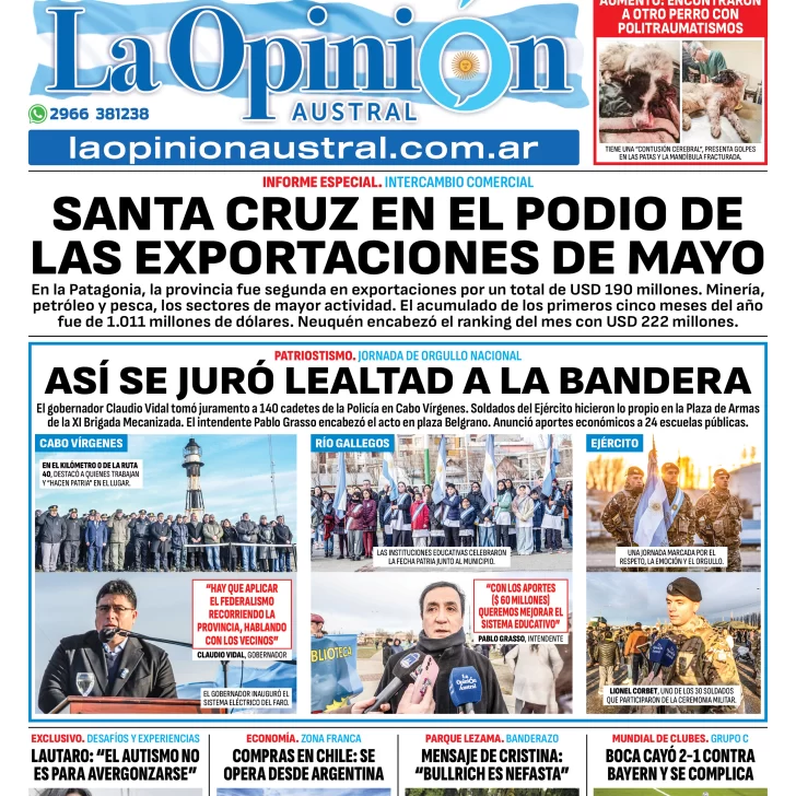 Tapa del Diario La Opinión Austral edición impresa del sábado 21 de junio de 2025, Río Gallegos, Santa Cruz, Argentina