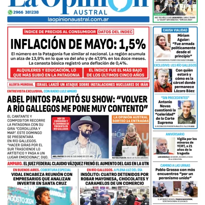 Tapa del Diario La Opinión Austral edición impresa del viernes 13 de junio de 2025, Río Gallegos, Santa Cruz, Argentina