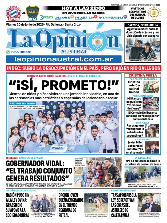 Tapa del Diario La Opinión Austral edición impresa del viernes 20 de junio de 2025, Río Gallegos, Santa Cruz, Argentina