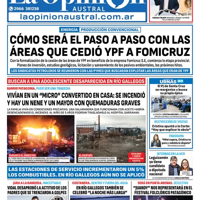 Tapa del Diario La Opinión Austral edición impresa del domingo 22 de junio de 2025, Río Gallegos, Santa Cruz, Argentina