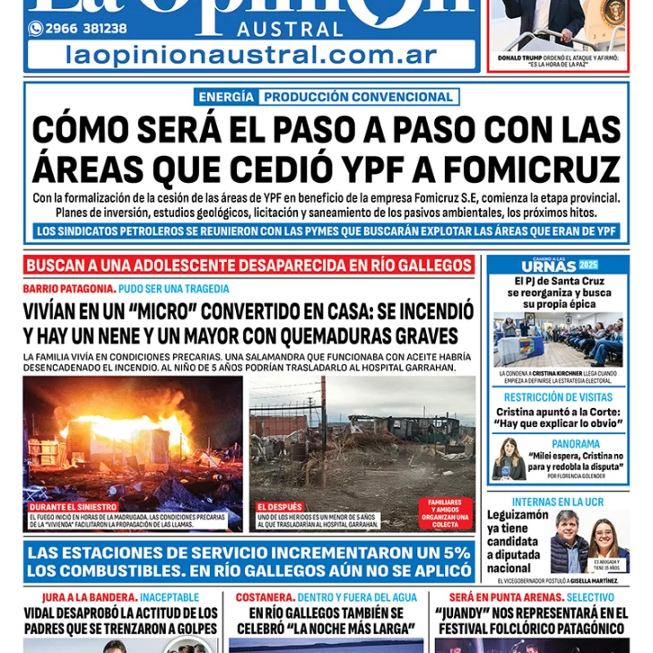 Tapa del Diario La Opinión Austral edición impresa del domingo 22 de junio de 2025, Río Gallegos, Santa Cruz, Argentina Tapa del Diario La Opinión Austral edición impresa del domingo 22 de junio de 2025, Río Gallegos, Santa Cruz, Argentina