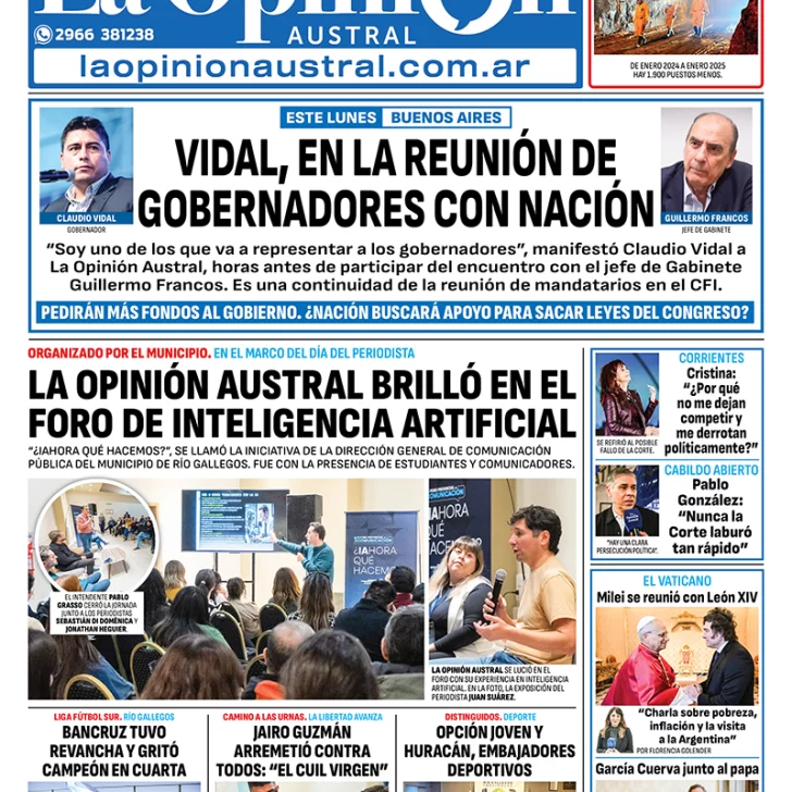 Tapa del Diario La Opinión Austral edición impresa del domingo 8 de junio de 2025, Río Gallegos, Santa Cruz, Argentina