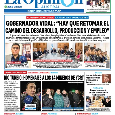 Tapa del Diario La Opinión Austral edición impresa del sábado 14 de junio de 2025, Río Gallegos, Santa Cruz, Argentina