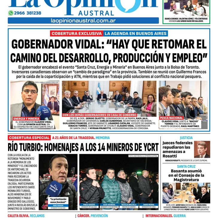 Tapa del Diario La Opinión Austral edición impresa del sábado 14 de junio de 2025, Río Gallegos, Santa Cruz, Argentina