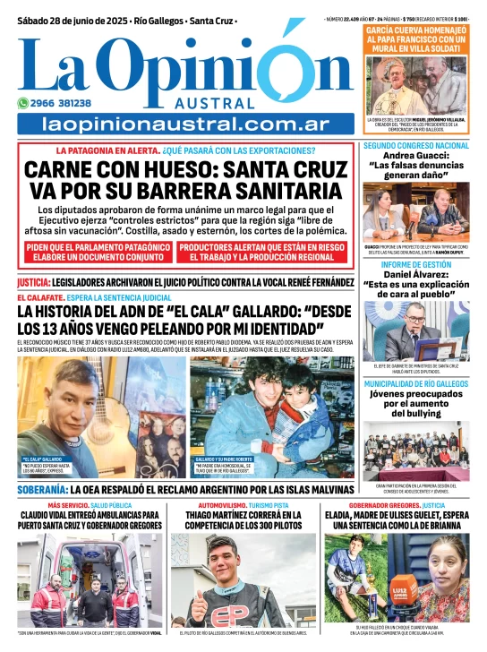 Tapa del Diario La Opinión Austral edición impresa del sábado 28 de junio de 2025, Río Gallegos, Santa Cruz, Argentina