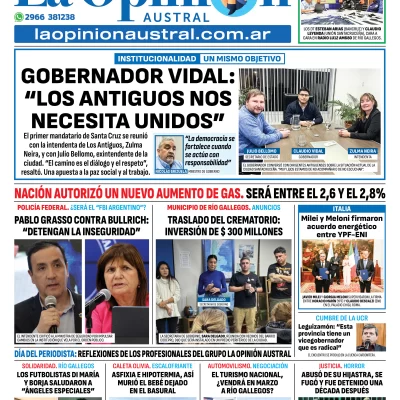 Tapa del Diario La Opinión Austral edición impresa del sábado 7 de junio de 2025, Río Gallegos, Santa Cruz, Argentina
