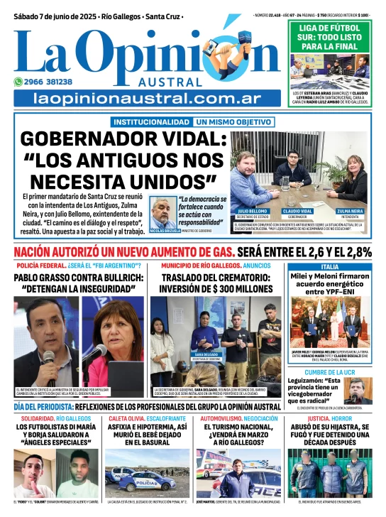 Tapa del Diario La Opinión Austral edición impresa del sábado 7 de junio de 2025, Río Gallegos, Santa Cruz, Argentina