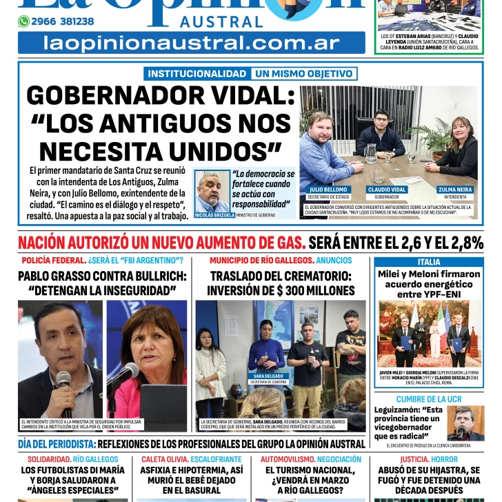 Tapa del Diario La Opinión Austral edición impresa del sábado 6 de junio de 2025, Río Gallegos, Santa Cruz, Argentina