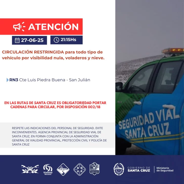 Santa Cruz: circulación restringida para todo tipo de vehículo en un tramo de la Ruta 3 Santa Cruz: circulación restringida para todo tipo de vehículo en un tramo de la Ruta 3